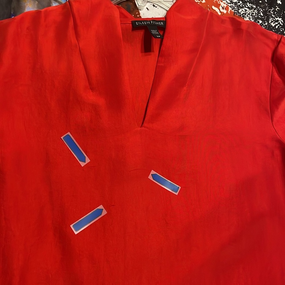 Eileen Fisher 100% silk Caftan Top. Lovely bright orange, red color. Size SP - Picture 13 of 16